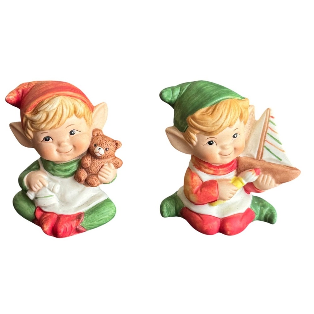 Vintage Homco Christmas Elf Figurines Set 2 Ceramic Toy Maker 5253 Bear Boat